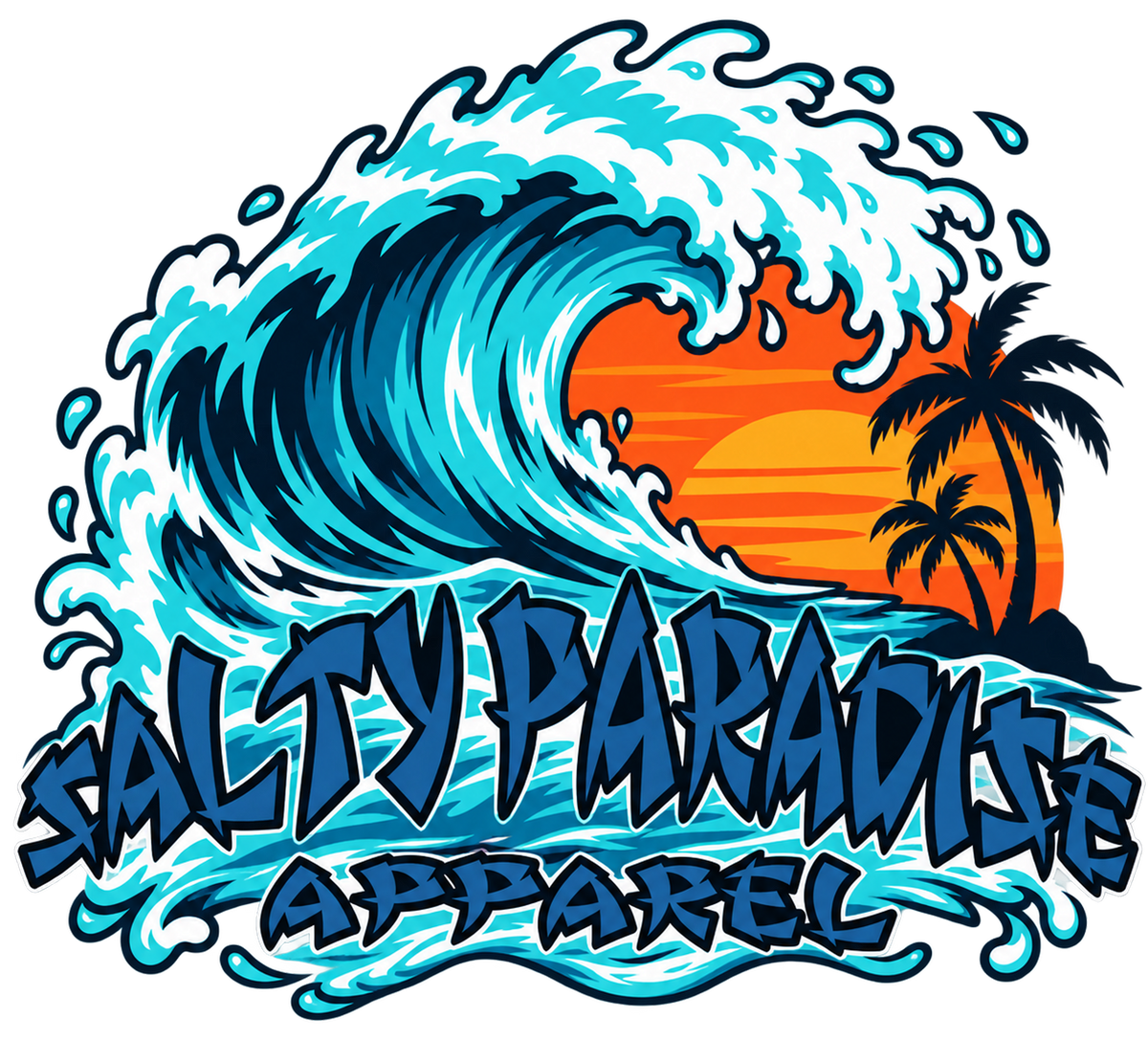 SALTY PARADISE – RIDE THE WAVE | Tropical Sunset Surf Graphic