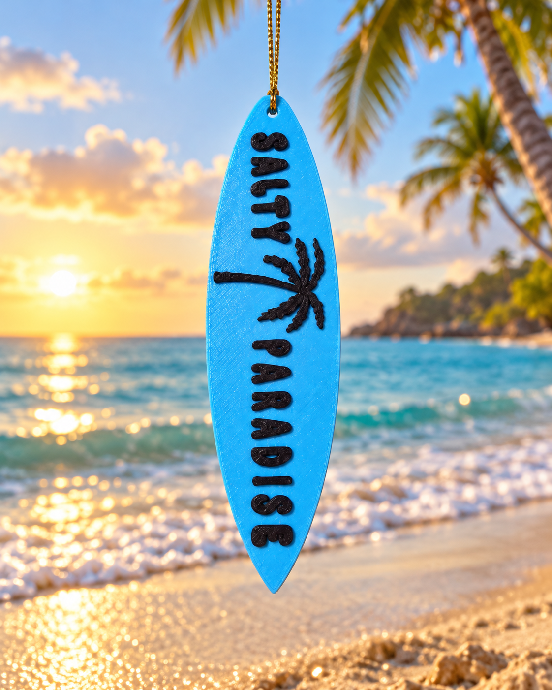 Salty Paradise Surfboard Ornament – 3D Printed Coastal Christmas Decoration & Rearview Mirror Hanging Accessory