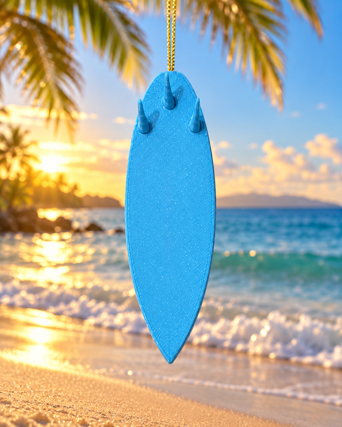 Salty Paradise Surfboard Ornament – 3D Printed Coastal Christmas Decoration & Rearview Mirror Hanging Accessory