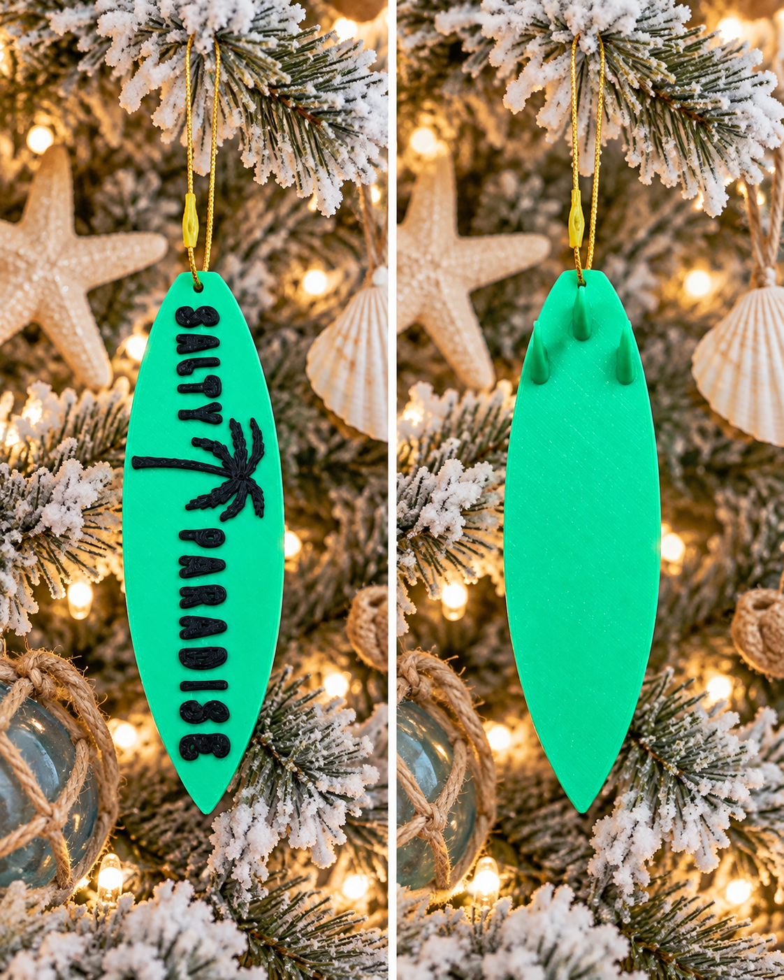 Salty Paradise Surfboard Ornament – 3D Printed Coastal Christmas Decoration & Rearview Mirror Hanging Accessory