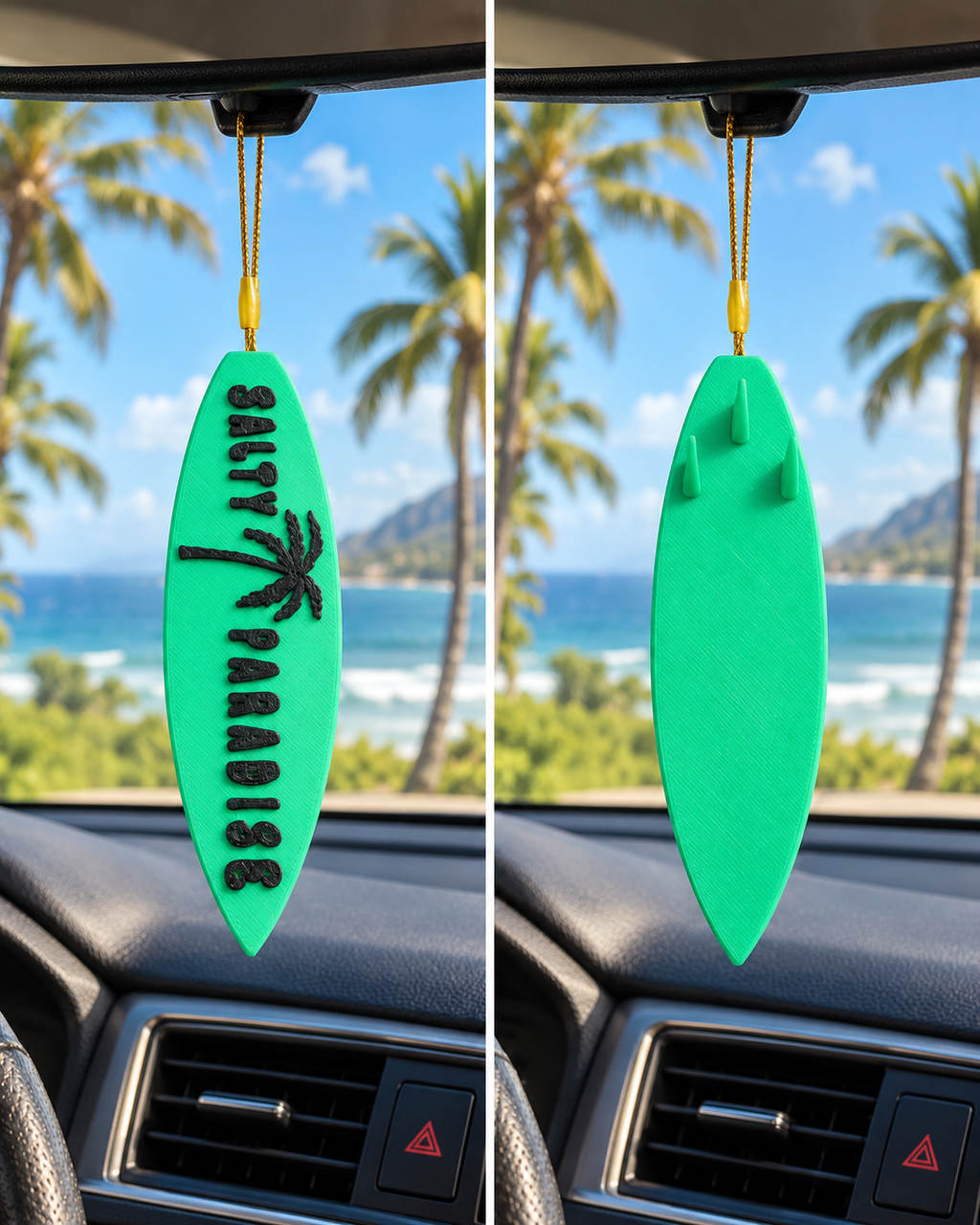 Salty Paradise Surfboard Ornament – 3D Printed Coastal Christmas Decoration & Rearview Mirror Hanging Accessory