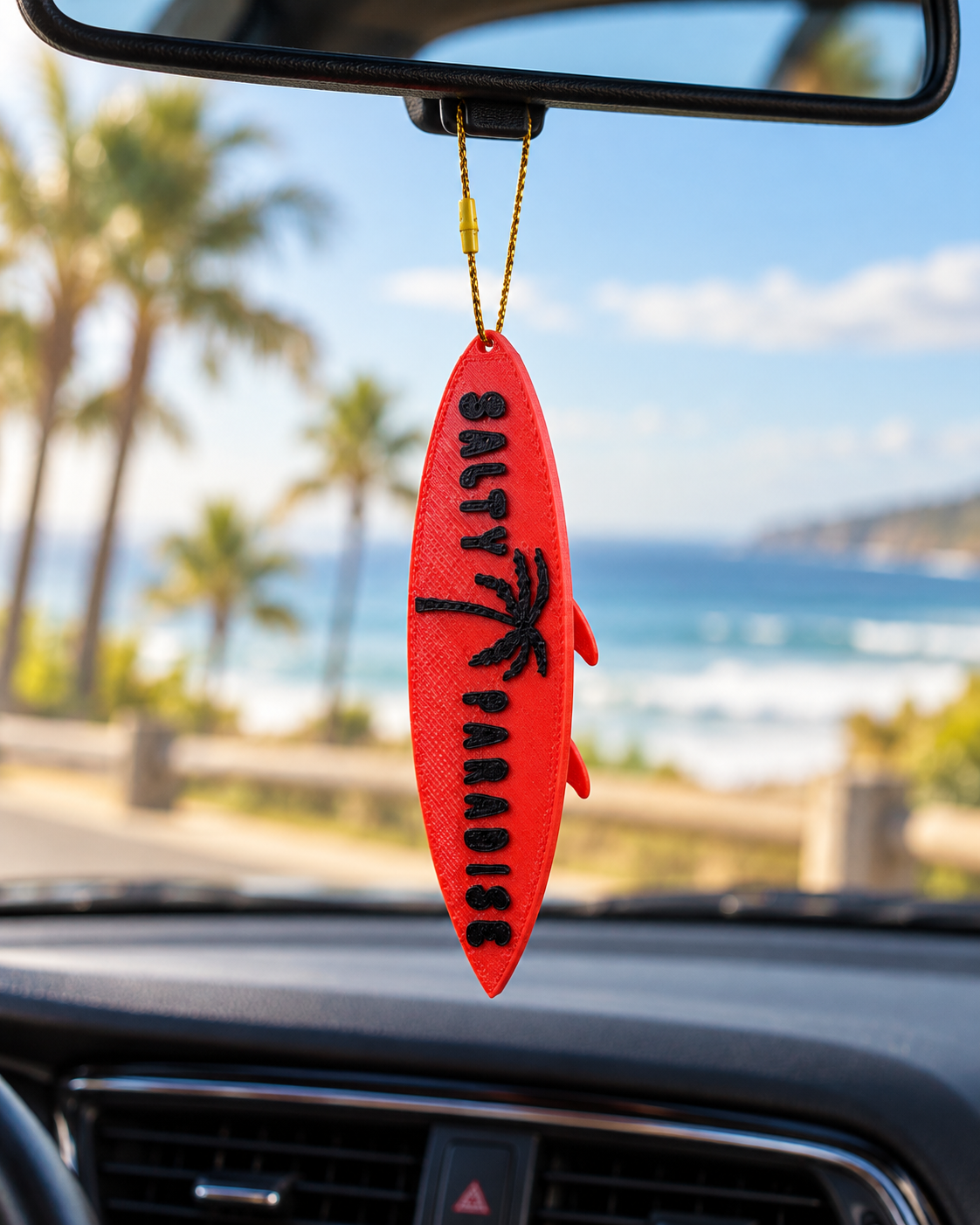 Salty Paradise Surfboard Ornament – 3D Printed Coastal Christmas Decoration & Rearview Mirror Hanging Accessory