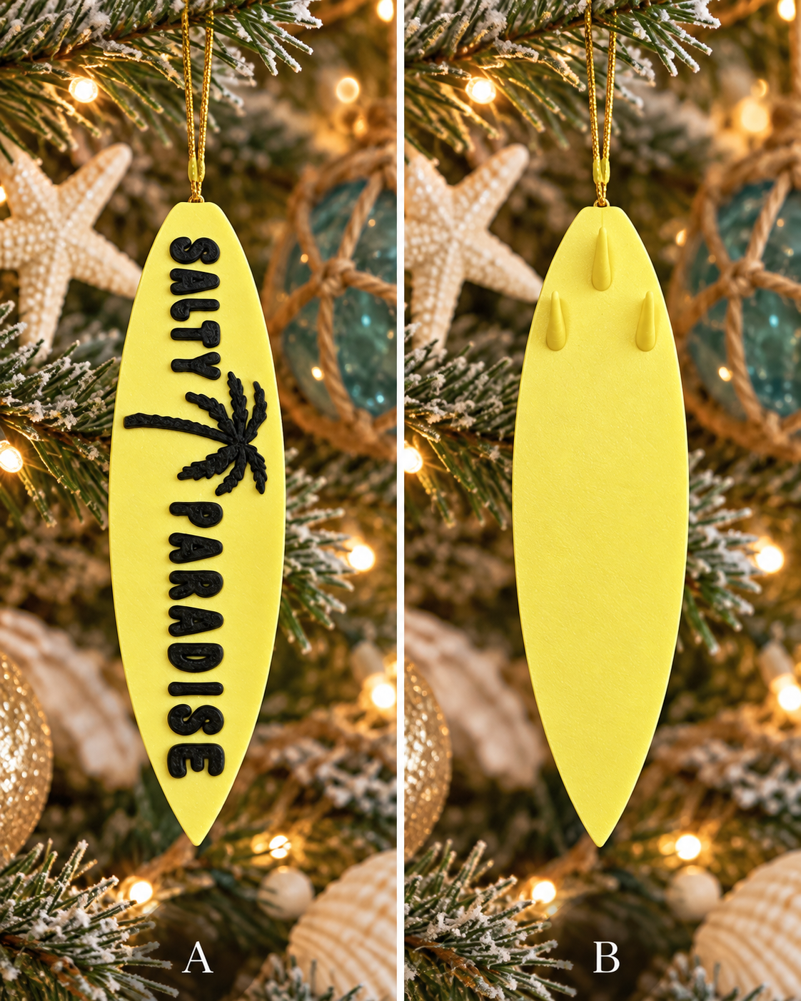 Salty Paradise Surfboard Ornament – 3D Printed Coastal Christmas Decoration & Rearview Mirror Hanging Accessory