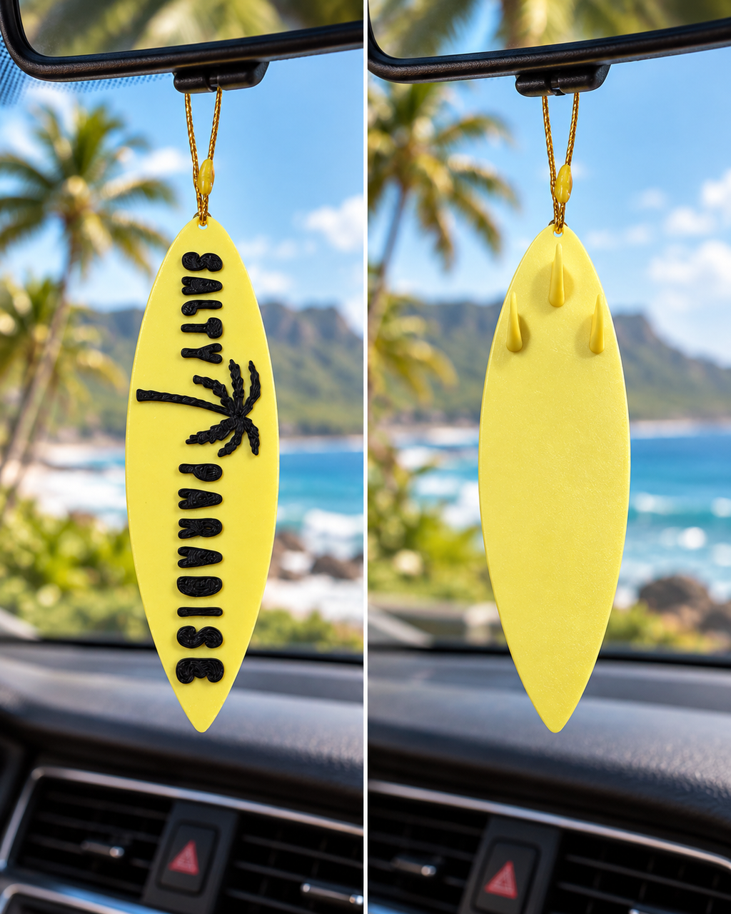 Salty Paradise Surfboard Ornament – 3D Printed Coastal Christmas Decoration & Rearview Mirror Hanging Accessory