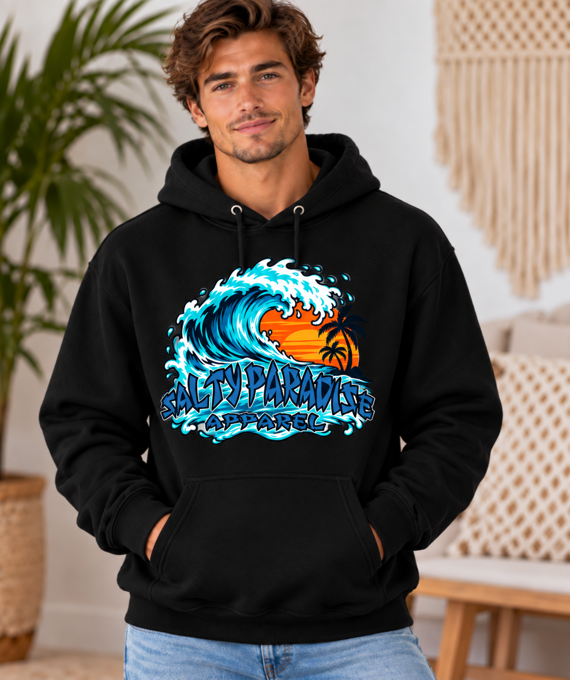 SALTY PARADISE – RIDE THE WAVE | Tropical Sunset Surf Graphic