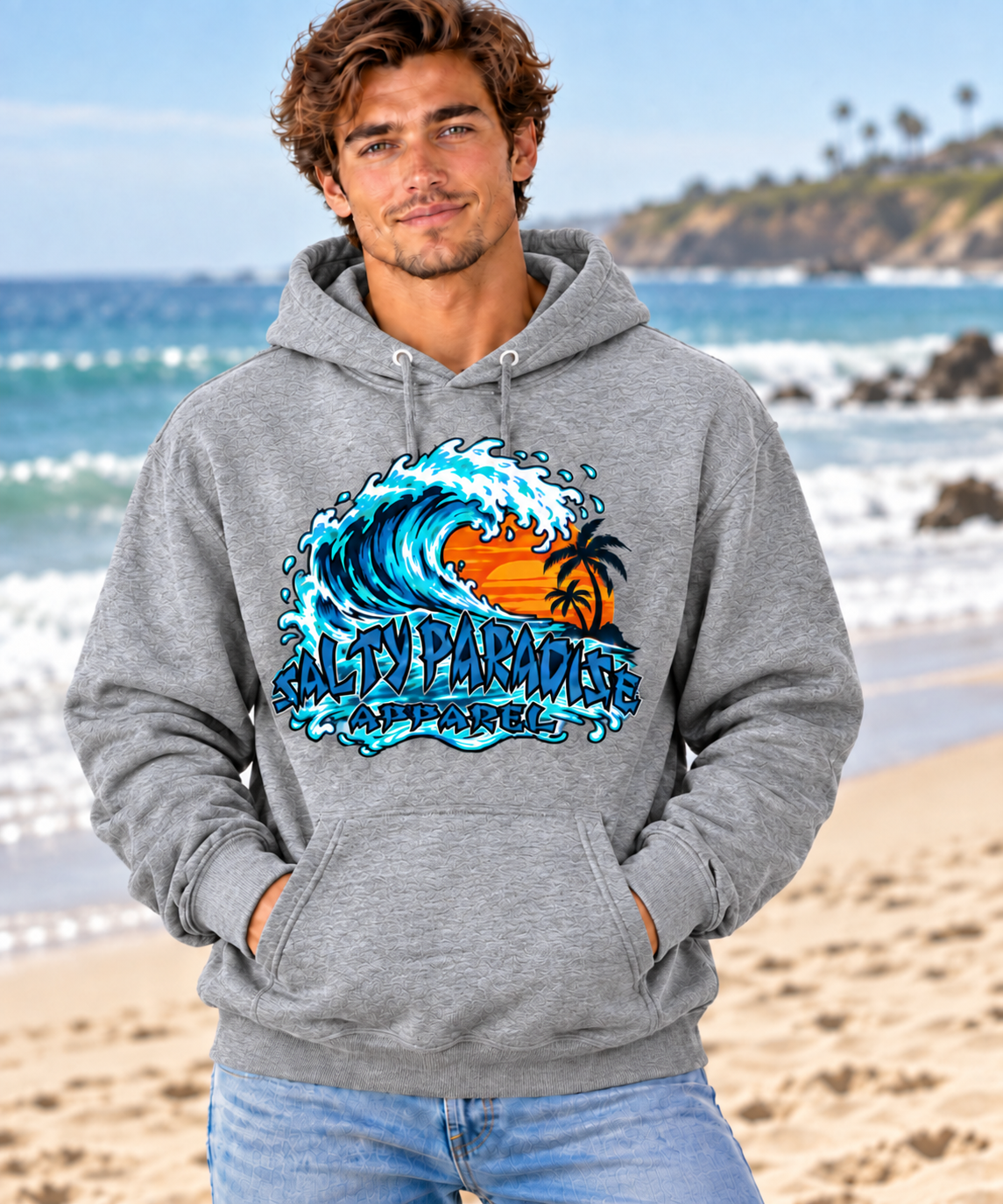 SALTY PARADISE – RIDE THE WAVE | Tropical Sunset Surf Graphic