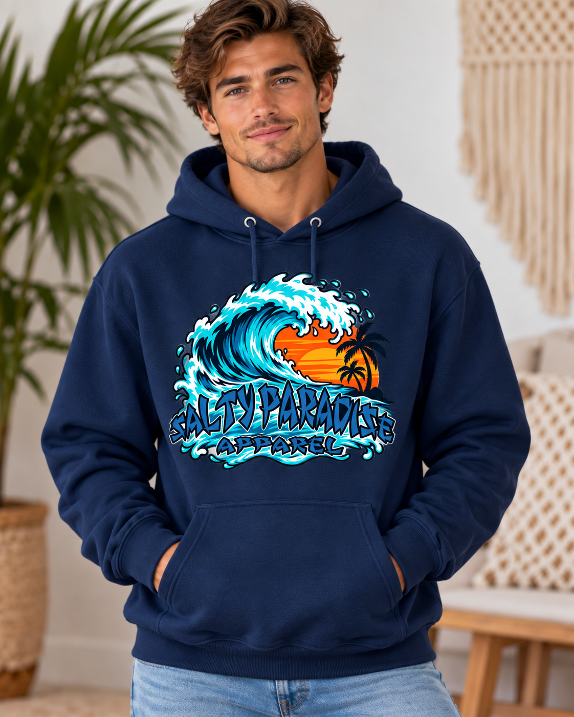 SALTY PARADISE – RIDE THE WAVE | Tropical Sunset Surf Graphic