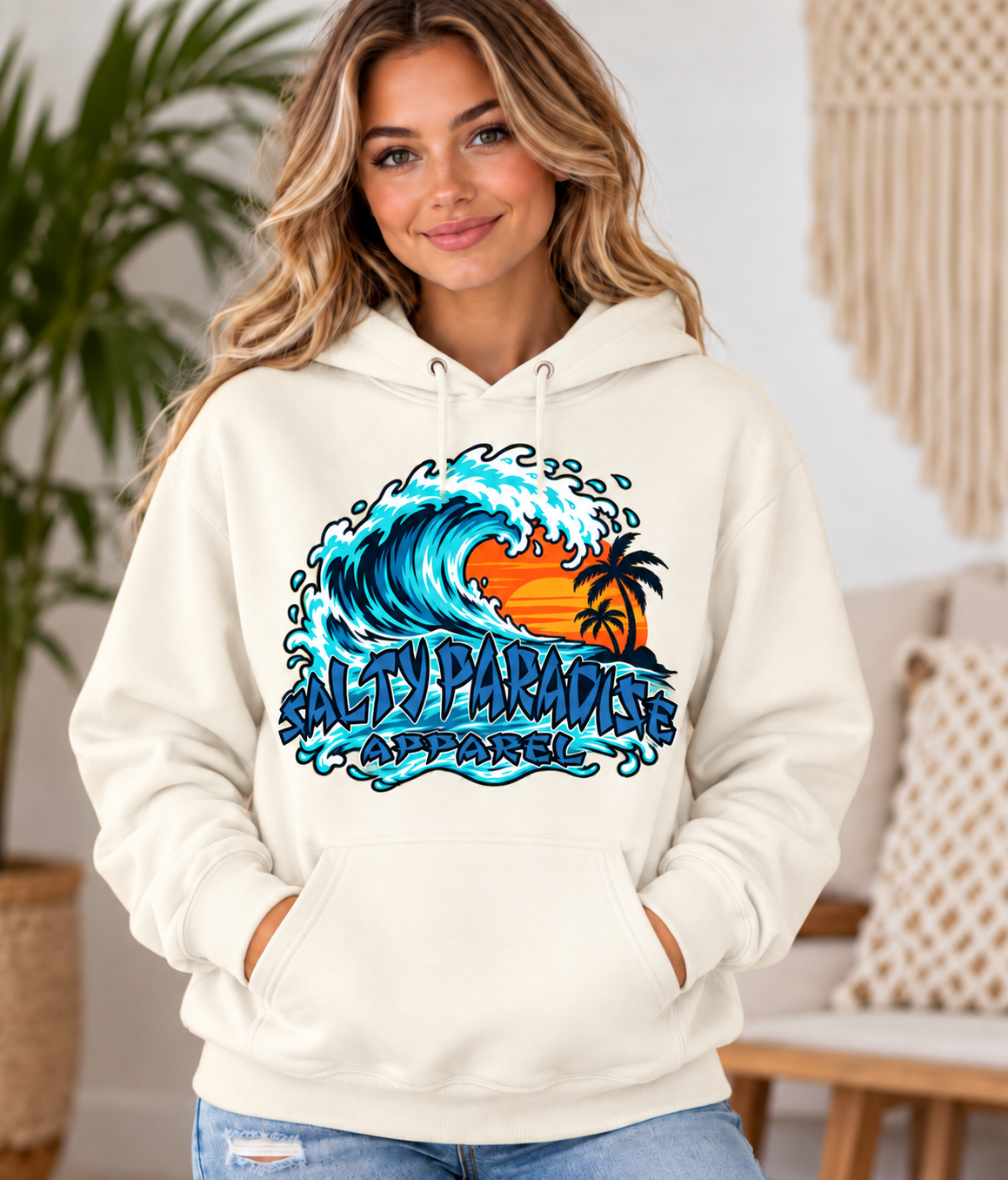 SALTY PARADISE – RIDE THE WAVE | Tropical Sunset Surf Graphic