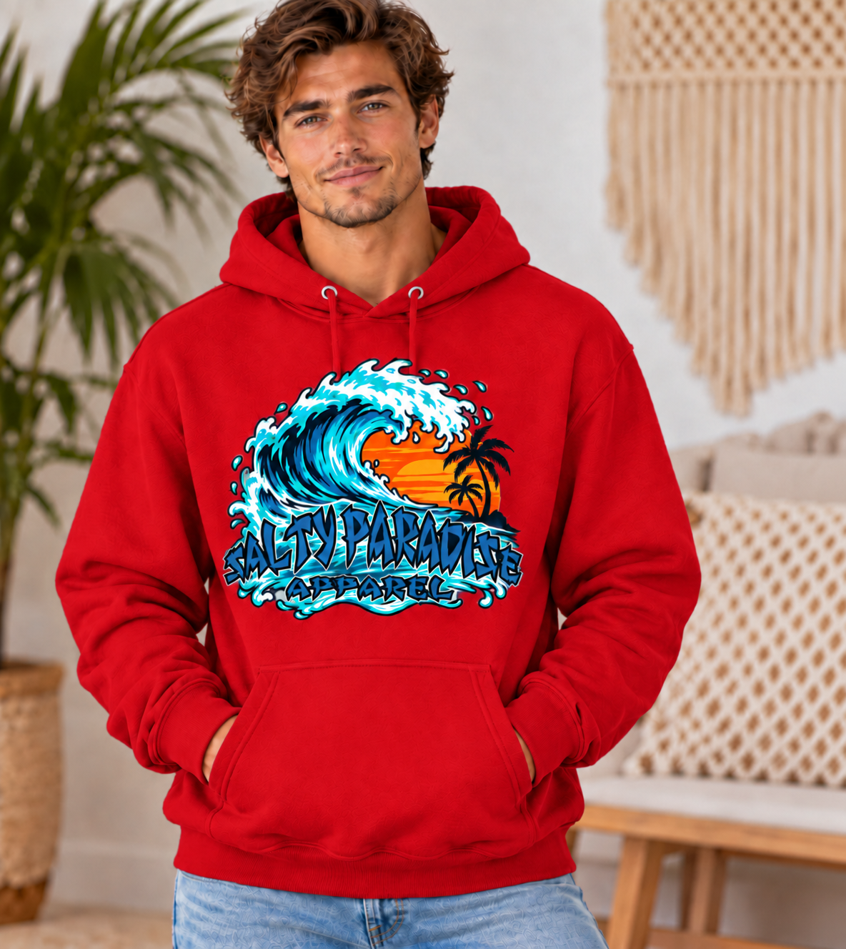 SALTY PARADISE – RIDE THE WAVE | Tropical Sunset Surf Graphic