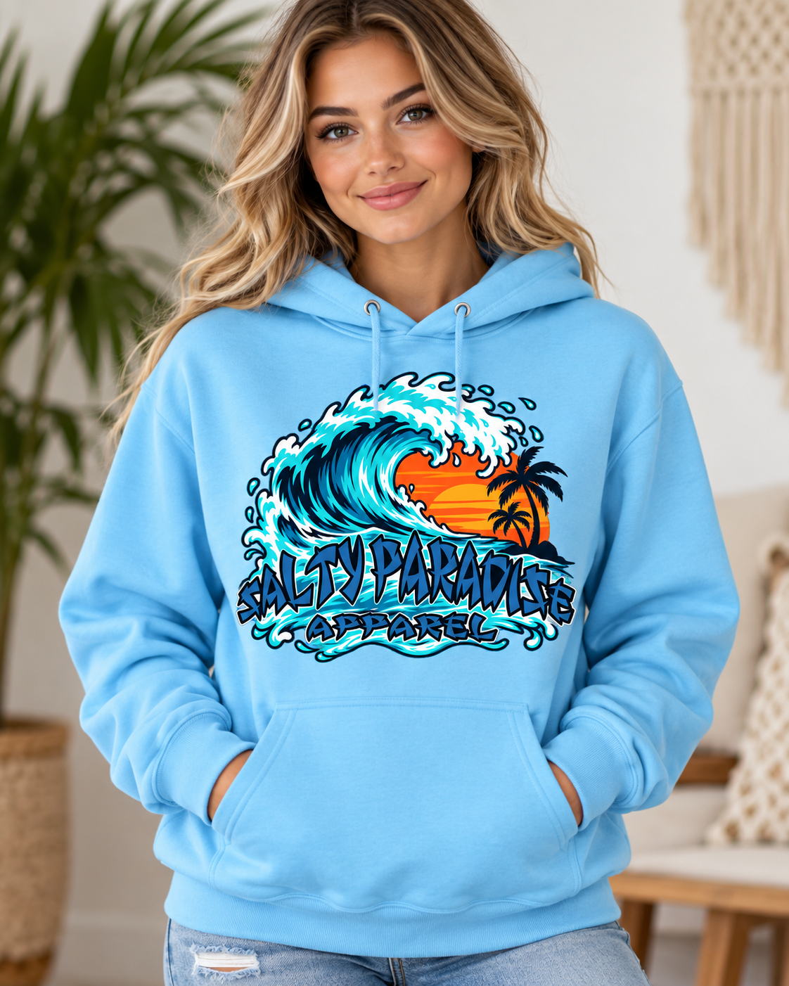 SALTY PARADISE – RIDE THE WAVE | Tropical Sunset Surf Graphic
