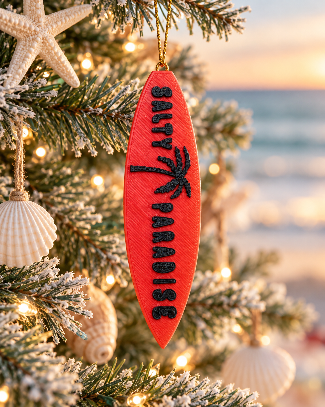 Salty Paradise Surfboard Ornament – 3D Printed Coastal Christmas Decoration & Rearview Mirror Hanging Accessory
