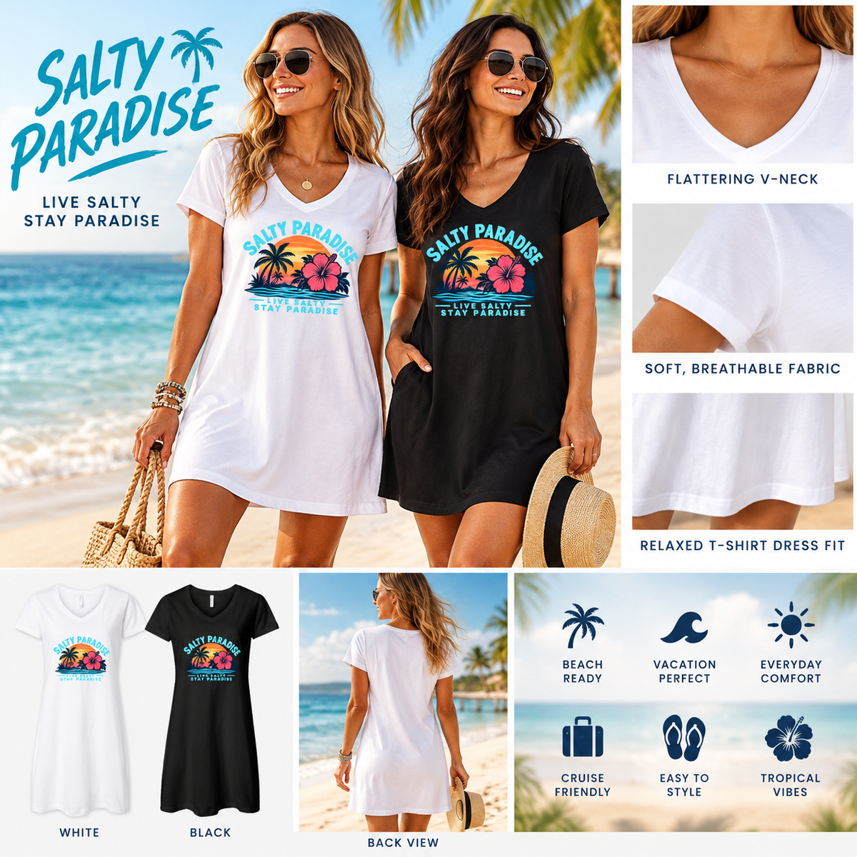 Salty Paradise Women's Tropical Sunset V-Neck T-Shirt Dress – Beach & Vacation Wear
