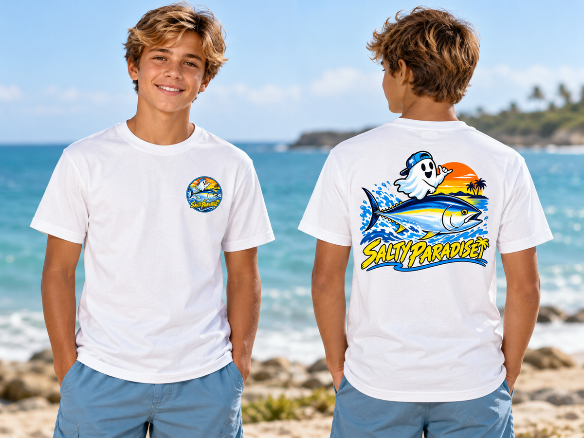 Salty Paradise Ghost Rider – Bluefin Tuna Surfing Halloween Graphic Tee